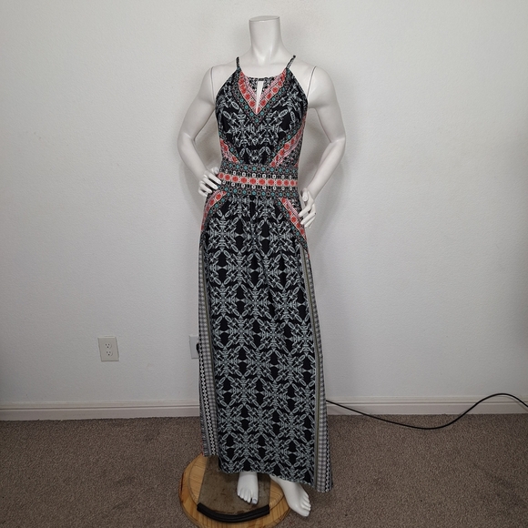 B. Calm Black Muti Keyhole Floral Boho Romantic Halter Neck Maxi Dress Size XL - Picture 1 of 13